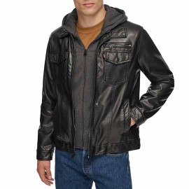 Levi's Men's Faux Leather Hooded Trucker Jacket with Sherpa Lining