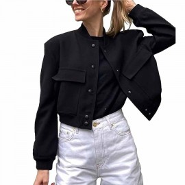 Womens Cropped Bomber Jacket Button Down Varsity Jackets Shackets With Pockets