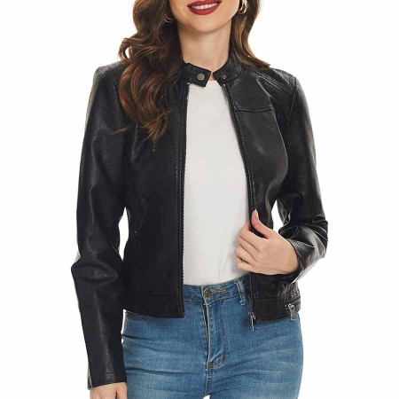 Fahsyee Black Faux Leather Jackets for Women Motorcycle PU Moto Biker Outwear Coat