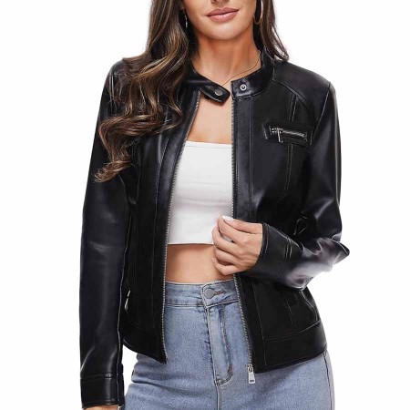 Fahsyee Zip Leather Jackets for Women Motorcycle Faux PU Moto Biker Outwear Coat