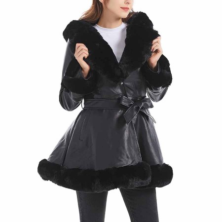 GRAN ORIENTE Women's Faux Leather Jacket with Faux Fur Collar, Winter Long Sleeve Furry