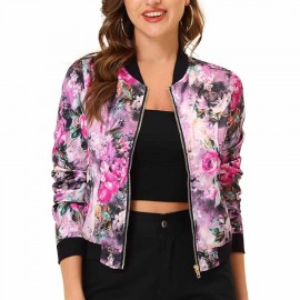 Allegra K Women's Winter Bomber Jacket Long Sleeve Stand Collar Zipper Floral Print Jacket