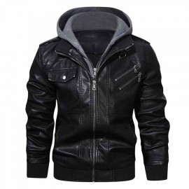 HOOD CREW Men’s Casual Stand Collar PU Faux Leather Zip-Up Motorcycle Bomber Jacket