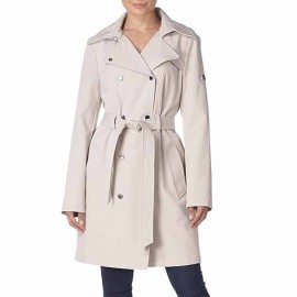 Calvin Klein Womens Double Breasted Belted Rain Jacket With Removable Hood