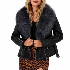 Women's Faux Leather Jacket Moto Biker Sherpa-Lined Coat with Removable Fur Collar