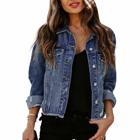 Sidefeel Women's Denim Jacket Long Sleeve Button Distressed Ripped Jean Coat