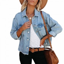 LONGBIDA Women's Jean Jacket Frayed Washed Button Up Cropped Denim Jacket With Pockets